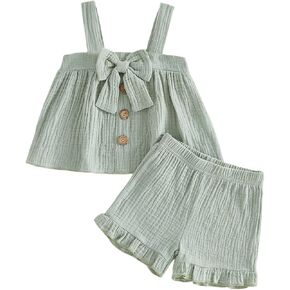 Toddler Baby Girl Linen Outfit Summer Sleeveless Bow Shirt Cotton Linen Button Down Tops Ruffle Bloomer Shorts Set in Saudi Arabia