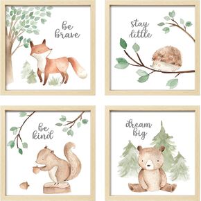Framed Woodland Nursery Wall Art Decor, 8x8 inch Animal Prints | 4 Pack Gallery Wall Frame Set Features Forest Safari Pictures Artwork for Baby Kids Bedroom Toddler Playroom Home Decorations in Kuwait