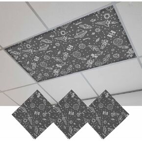 Fluorescent Light Covers, Grey Cartoon Space Magnetic Light Covers for Ceiling Lights, Star Spacecraft Rocket Meteorite Fluorescent Ceiling Shade Filters for Classroom Bedroom Office 4x2Ft x 3PCS in Kuwait
