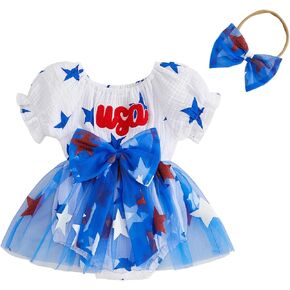 MoZiKQin Baby Girl 4th of July Outfit American Flag Romper Tutu Dress Short Sleeve Tulle Skirt Bodysuit Patriotic Clothes in Kuwait
