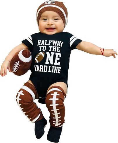 Boys Personalized 6 Month Half Birthday Football Jersey Bodysuit Outfit Set One Yard Line | 9 Colors in Kuwait