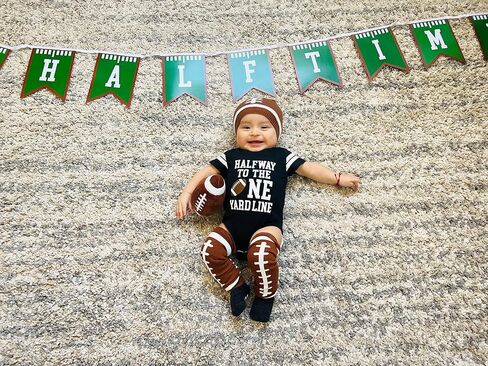 Boys Personalized 6 Month Half Birthday Football Jersey Bodysuit Outfit Set One Yard Line | 9 Colors in Kuwait