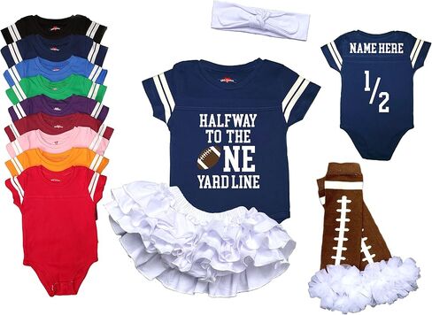 Boys Personalized 6 Month Half Birthday Football Jersey Bodysuit Outfit Set One Yard Line | 9 Colors in Kuwait