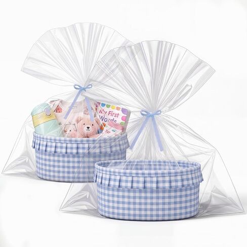 Havawish 2 Set Blue Gingham Gift Baskets Empty Ruffled Baby Shower Baskets with Bags and Ribbons 12x8x5inch Basket for Gifts Empty Storage Baby Toy Bin in Kuwait