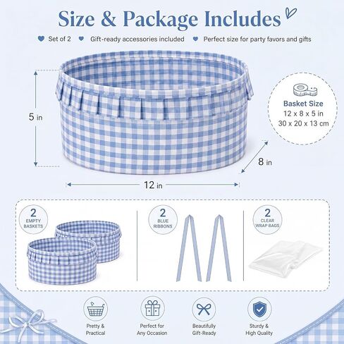 Havawish 2 Set Blue Gingham Gift Baskets Empty Ruffled Baby Shower Baskets with Bags and Ribbons 12x8x5inch Basket for Gifts Empty Storage Baby Toy Bin in Kuwait