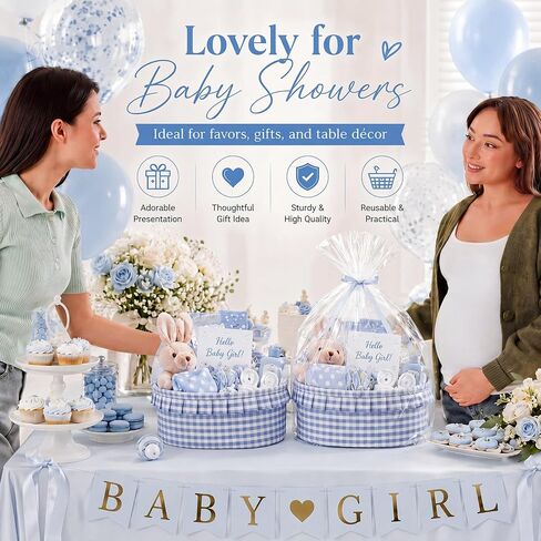 Havawish 2 Set Blue Gingham Gift Baskets Empty Ruffled Baby Shower Baskets with Bags and Ribbons 12x8x5inch Basket for Gifts Empty Storage Baby Toy Bin in Kuwait