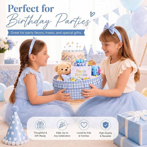 Havawish 2 Set Blue Gingham Gift Baskets Empty Ruffled Baby Shower Baskets with Bags and Ribbons 12x8x5inch Basket for Gifts Empty Storage Baby Toy Bin in Kuwait