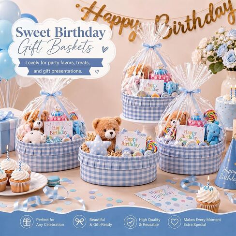 Havawish 2 Set Blue Gingham Gift Baskets Empty Ruffled Baby Shower Baskets with Bags and Ribbons 12x8x5inch Basket for Gifts Empty Storage Baby Toy Bin in Kuwait