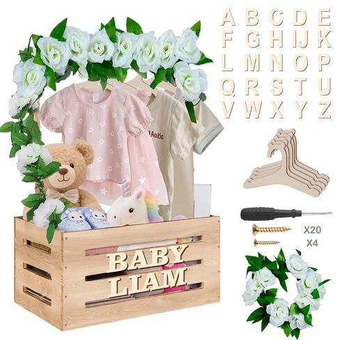 Wooden Baby Shower Crate Closet, Customizable Baby Basket with Hanger Rack and Garland, Gifts for New Parents, Baby Shower Decorations Boy Or Girl in Kuwait