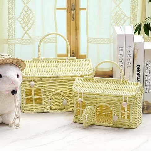 Weysat 2 Pcs Rattan House Shaped Basket with Lid Decorative Hand Woven Organizer Wicker Dollhouse Basket Cute Handmade Handcrafted Gift for Storage Organizing Home Decoration Artwork(Yellow) in Kuwait