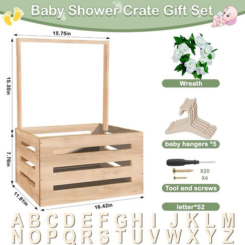 Wooden Baby Shower Crate Closet, Customizable Baby Basket with Hanger Rack and Garland, Gifts for New Parents, Baby Shower Decorations Boy Or Girl in Kuwait