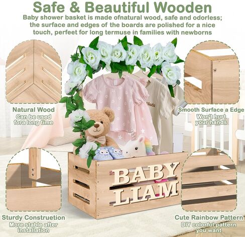 Wooden Baby Shower Crate Closet, Customizable Baby Basket with Hanger Rack and Garland, Gifts for New Parents, Baby Shower Decorations Boy Or Girl in Kuwait