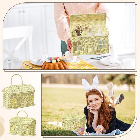 Weysat 2 Pcs Rattan House Shaped Basket with Lid Decorative Hand Woven Organizer Wicker Dollhouse Basket Cute Handmade Handcrafted Gift for Storage Organizing Home Decoration Artwork(Yellow) in Kuwait