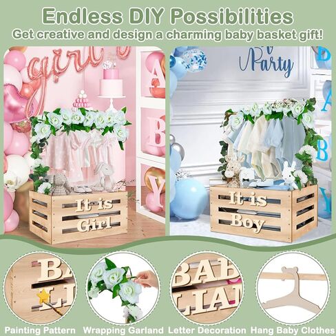 Wooden Baby Shower Crate Closet, Customizable Baby Basket with Hanger Rack and Garland, Gifts for New Parents, Baby Shower Decorations Boy Or Girl in Kuwait
