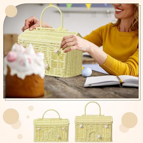 Weysat 2 Pcs Rattan House Shaped Basket with Lid Decorative Hand Woven Organizer Wicker Dollhouse Basket Cute Handmade Handcrafted Gift for Storage Organizing Home Decoration Artwork(Yellow) in Kuwait