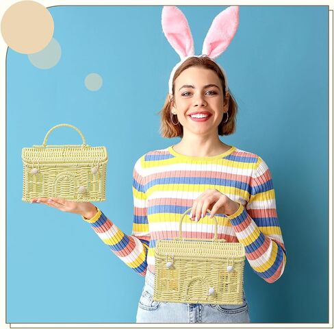 Weysat 2 Pcs Rattan House Shaped Basket with Lid Decorative Hand Woven Organizer Wicker Dollhouse Basket Cute Handmade Handcrafted Gift for Storage Organizing Home Decoration Artwork(Yellow) in Kuwait