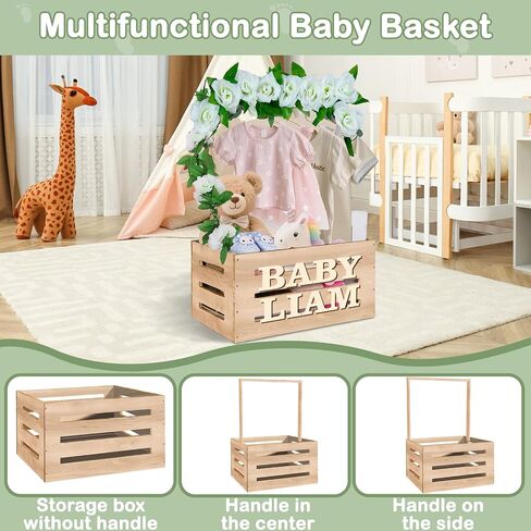 Wooden Baby Shower Crate Closet, Customizable Baby Basket with Hanger Rack and Garland, Gifts for New Parents, Baby Shower Decorations Boy Or Girl in Kuwait