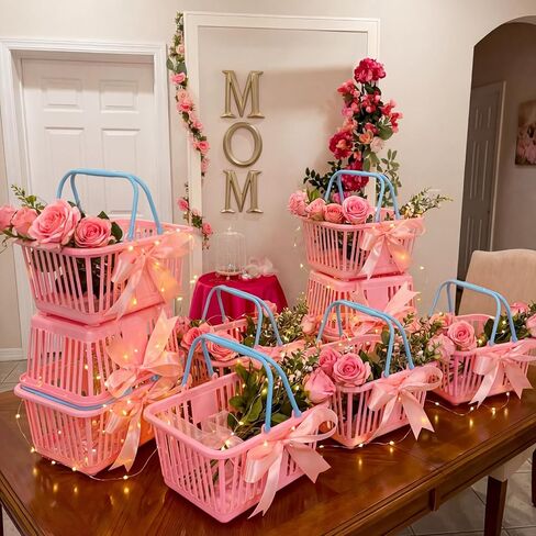 12 Pcs Mini Plastic Gift Basket Pink Blue Empty Treat Baskets with Handles Ribbon Small Gift Wrapping Baskets for Candles, Bath Bombs, Snacks for Weeding Baby Shower Party in Kuwait