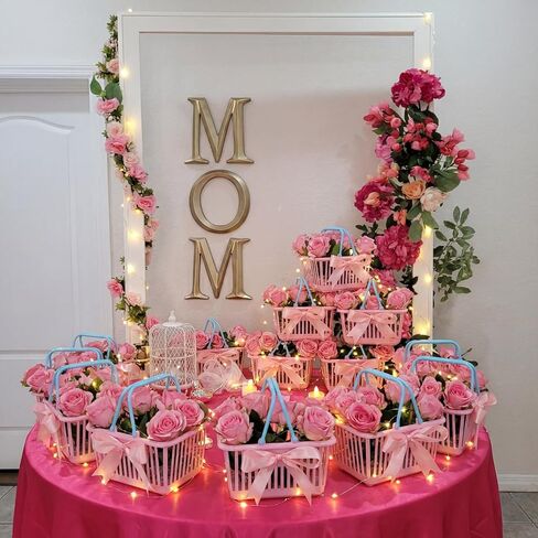 12 Pcs Mini Plastic Gift Basket Pink Blue Empty Treat Baskets with Handles Ribbon Small Gift Wrapping Baskets for Candles, Bath Bombs, Snacks for Weeding Baby Shower Party in Kuwait