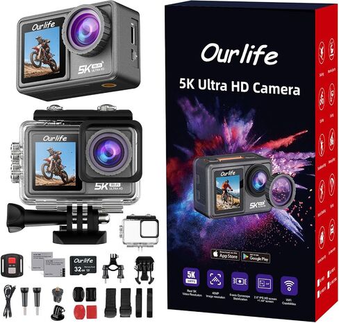 Ourlife 5K/30fps Action Camera 30M Waterproof Underwater Camera | Vlogging Camera with a 1/2.3″ Sensor,,170° Wide FOV Video,Stunning Low-Light Imaging EIS Remote Control(2*Battery,32GB) in Kuwait