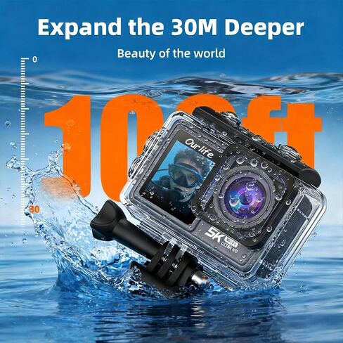 Ourlife 5K/30fps Action Camera 30M Waterproof Underwater Camera | Vlogging Camera with a 1/2.3″ Sensor,,170° Wide FOV Video,Stunning Low-Light Imaging EIS Remote Control(2*Battery,32GB) in Kuwait