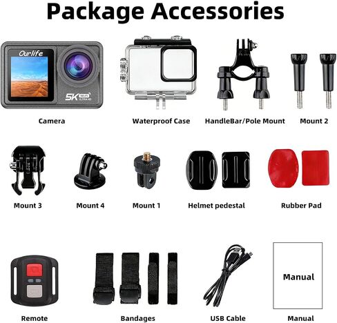 Ourlife 5K/30fps Action Camera 30M Waterproof Underwater Camera | Vlogging Camera with a 1/2.3″ Sensor,,170° Wide FOV Video,Stunning Low-Light Imaging EIS Remote Control(2*Battery,32GB) in Kuwait