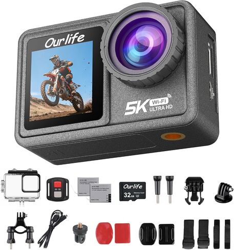 Ourlife 5K/30fps Action Camera 30M Waterproof Underwater Camera | Vlogging Camera with a 1/2.3″ Sensor,,170° Wide FOV Video,Stunning Low-Light Imaging EIS Remote Control(2*Battery,32GB) in Kuwait