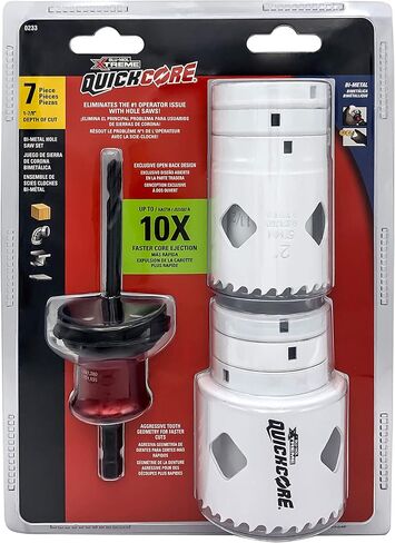 Disston QuickCore 7 pc Set - 1 Each: 1", 1-1/4", 1-1/2", 1-3/4", 2", and 2-1/2" Hole saws, Arbor with a Pilot Drill bit, Hex Key in Kuwait