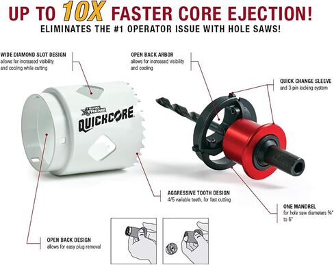 Disston QuickCore 7 pc Set - 1 Each: 1", 1-1/4", 1-1/2", 1-3/4", 2", and 2-1/2" Hole saws, Arbor with a Pilot Drill bit, Hex Key in Kuwait
