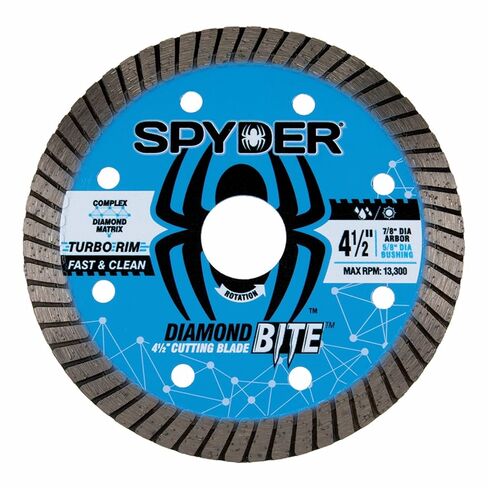Spyder Diamond Bite 4.5" Diameter Wet/Dry Turbo Rim Diamond Cutting Blade for Angle Grinders, Fast and Clean Cuts, 7/8" Arbor with 5/8" Adapter Bushing (14116) in Kuwait