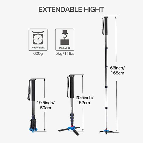 Koolehaoda Extendable Camera Monopod with Foldable Stand Base | 5-Section Height 66" Aluminium Photography Monopod for DSLR Canon Nikon Sony Video Camcorder, Maximum Load of 5 kg in Kuwait