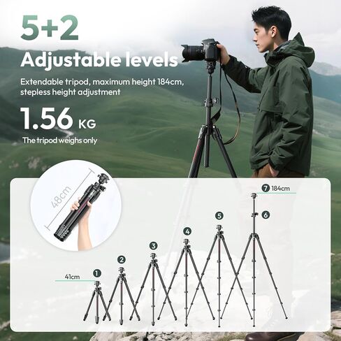 ULANZI JJ05 GlideGo Carbon Fiber Photo Tripod, Dual 360° Pan Head, 72.4 inch Max Height, 11 lb Load, UKA Quick Release, Professional Portable Lightweight Travel Tripod with Bag in Kuwait