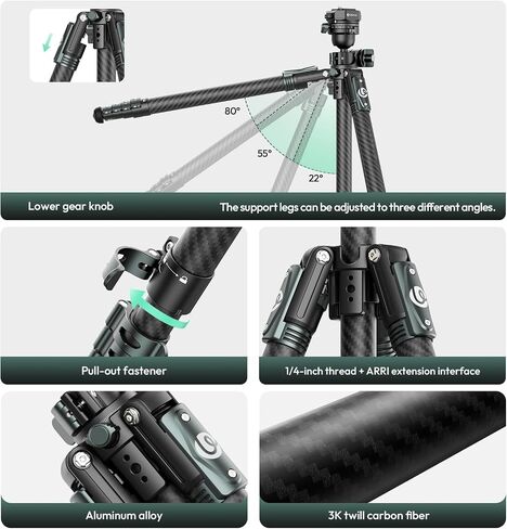 ULANZI JJ05 GlideGo Carbon Fiber Photo Tripod, Dual 360° Pan Head, 72.4 inch Max Height, 11 lb Load, UKA Quick Release, Professional Portable Lightweight Travel Tripod with Bag in Kuwait