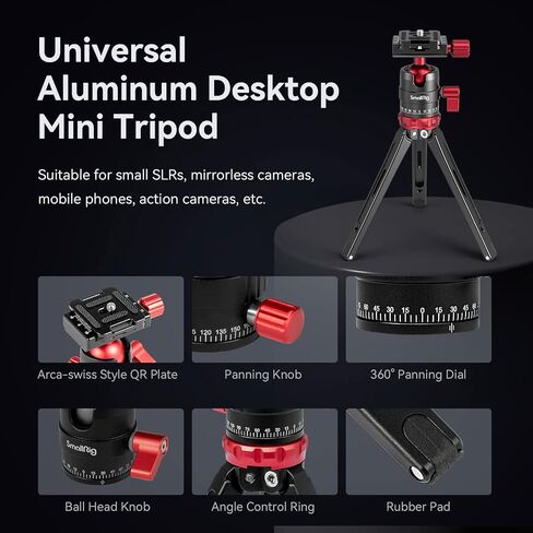 SmallRig Desktop Mini Tripod for Camera/Phone, Aluminum, Load up to 11lbs | Aluminum Alloy, with 360 Degree Ball Head, 1/4'' Quick Shoe Plate for Vlogging DSLR Camera Video, Load up to 11 pounds in Kuwait