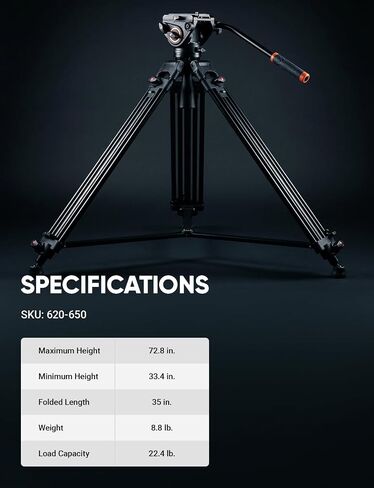 Sunpak VideoPRO 72" Professional Video Heavy Duty Tripod with Carry Case | Advanced fluid pan head, double-row metal legs, quick release plate, mid-level braces, 22.4lb capacity, and carry case in Kuwait