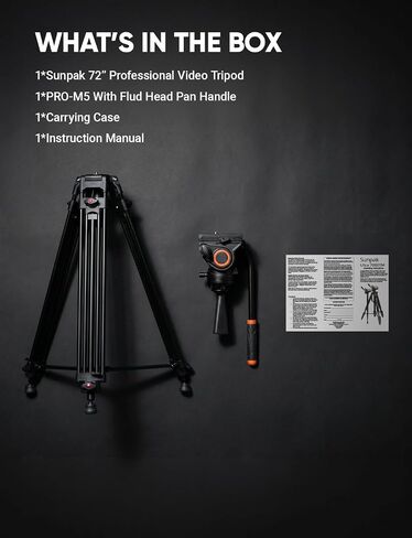 Sunpak VideoPRO 72" Professional Video Heavy Duty Tripod with Carry Case | Advanced fluid pan head, double-row metal legs, quick release plate, mid-level braces, 22.4lb capacity, and carry case in Kuwait