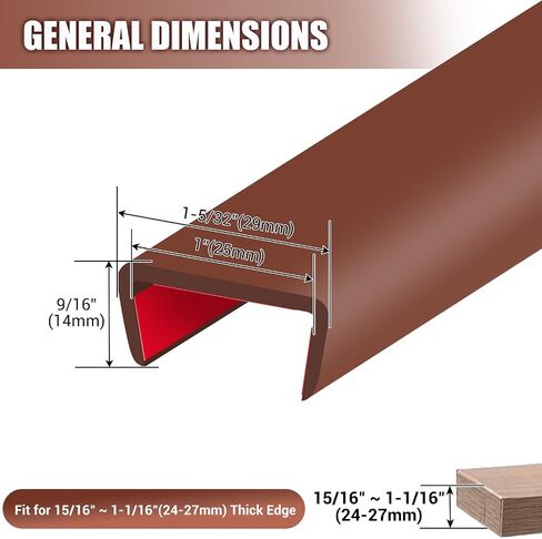 Rubber Edge Trim, 1 Inch(25mm) Self Adhesive Peel and Stick Edge Guards, Flexible U Shaped Strip for Kitchen &Garbage Drawer Fronts, Cabinets, Desks and Shelfves, Brown, 10Ft in Kuwait