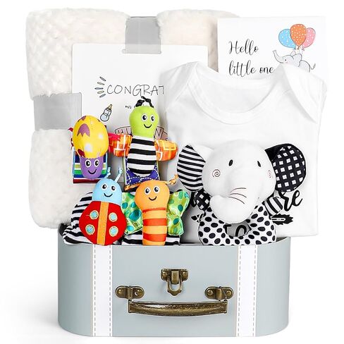 iAOVUEBY Baby Gift Set, Baby Shower Gifts, Black and White High Contrast Baby Toys 0-6 Months for Newborn Essentials Infant Rattle Socks Elephant Toys Blanket Onesies Baby Gift Basket for Girls Boys in Saudi Arabia