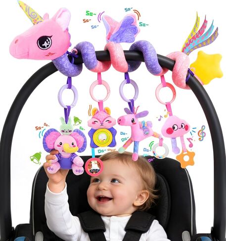 Musical Car Seat Toy for Babies 0-12 Months, Pink Unicorn | 5-in-1 Sensory Activity Hanging Toy with Soothing Music, Rattle & Mirror, Fits Car Seats and Strollers, for Newborn Infants in Kuwait