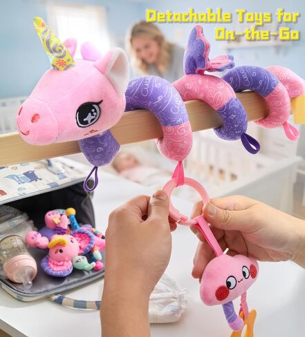 Musical Car Seat Toy for Babies 0-12 Months, Pink Unicorn | 5-in-1 Sensory Activity Hanging Toy with Soothing Music, Rattle & Mirror, Fits Car Seats and Strollers, for Newborn Infants in Kuwait