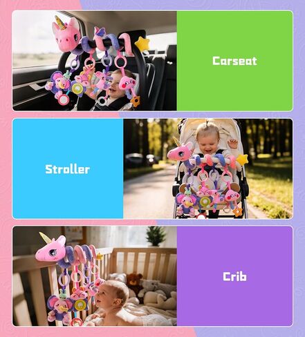 Musical Car Seat Toy for Babies 0-12 Months, Pink Unicorn | 5-in-1 Sensory Activity Hanging Toy with Soothing Music, Rattle & Mirror, Fits Car Seats and Strollers, for Newborn Infants in Kuwait