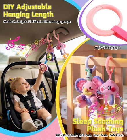 Musical Car Seat Toy for Babies 0-12 Months, Pink Unicorn | 5-in-1 Sensory Activity Hanging Toy with Soothing Music, Rattle & Mirror, Fits Car Seats and Strollers, for Newborn Infants in Kuwait