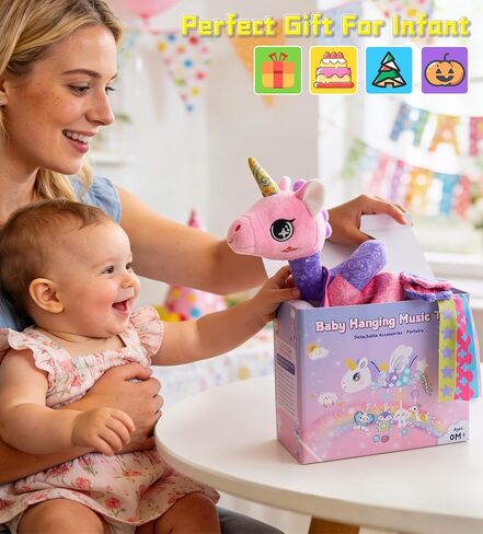 Musical Car Seat Toy for Babies 0-12 Months, Pink Unicorn | 5-in-1 Sensory Activity Hanging Toy with Soothing Music, Rattle & Mirror, Fits Car Seats and Strollers, for Newborn Infants in Kuwait