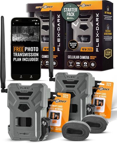 SPYPOINT Flex-Dark Twin Starter Pack with 2 SD Card - Cellular Trail Camera, 40MP Photos, 1080p Video + Sound, No-Glow Game Camera, Hunting Night Vision, Motion Activated,100ft Detection | Two Flex-Dark Cellular Cameras, 40MP Photos, 1080p Video with Soun in Kuwait