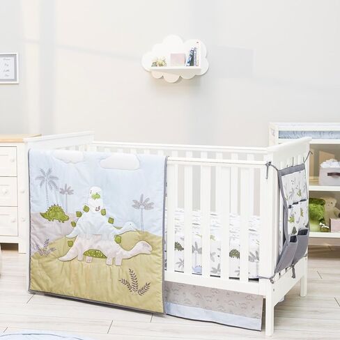 Dinosaur Baby Bedding Set Boys - 6 pcs Baby Boy Bedding Sets Dino Blanket, 2 Fitted Bed Sheets, Pillowcase, Skirt & Dinosaur Nursery Organizer - Designed in France, Blue-White in Kuwait