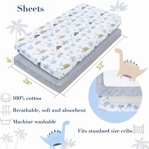 Dinosaur Baby Bedding Set Boys - 6 pcs Baby Boy Bedding Sets Dino Blanket, 2 Fitted Bed Sheets, Pillowcase, Skirt & Dinosaur Nursery Organizer - Designed in France, Blue-White in Kuwait