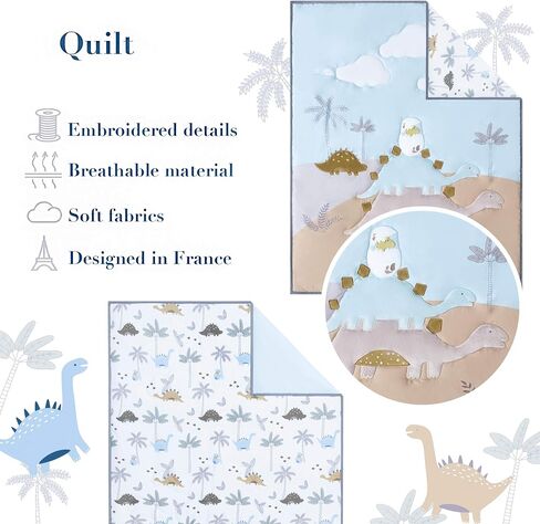 Dinosaur Baby Bedding Set Boys - 6 pcs Baby Boy Bedding Sets Dino Blanket, 2 Fitted Bed Sheets, Pillowcase, Skirt & Dinosaur Nursery Organizer - Designed in France, Blue-White in Kuwait