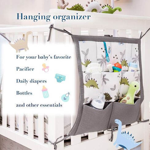Dinosaur Baby Bedding Set Boys - 6 pcs Baby Boy Bedding Sets Dino Blanket, 2 Fitted Bed Sheets, Pillowcase, Skirt & Dinosaur Nursery Organizer - Designed in France, Blue-White in Kuwait