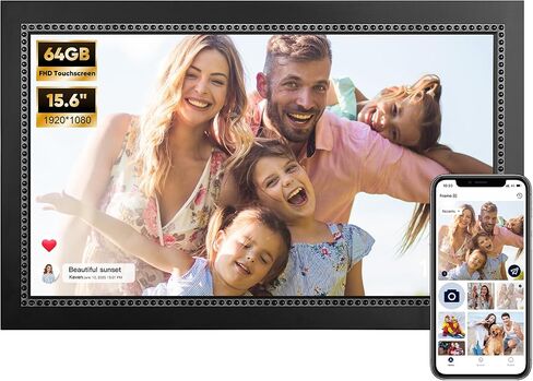 Digital Picture Frame 15.6 Inch Digital Photo Frame with 64GB Storage, 1920 * 1080 IPS FHD Touchscreen, WiFi Smart Frame Share Photos and Videos Instantly from Anywhere via AiMOR App in Kuwait