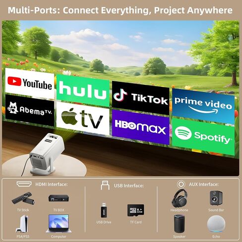 Mini Projector, Portable Projector 4K & Full HD 1080P Support, 270° Rotation Outdoor Projector, Movie Projector Compatible with Smartphone, TV Stick, Laptop, PS4, HDMI, USB in Kuwait